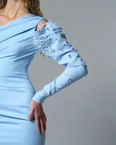 Light Blue Crepe Asymmetric Dress with Embroidered Sleeves - Carrie